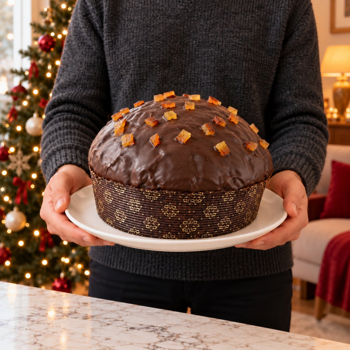 Panettone Arance Candite e Cioccolato Fondente tenuto in mano davanti alla tavola natalizia.