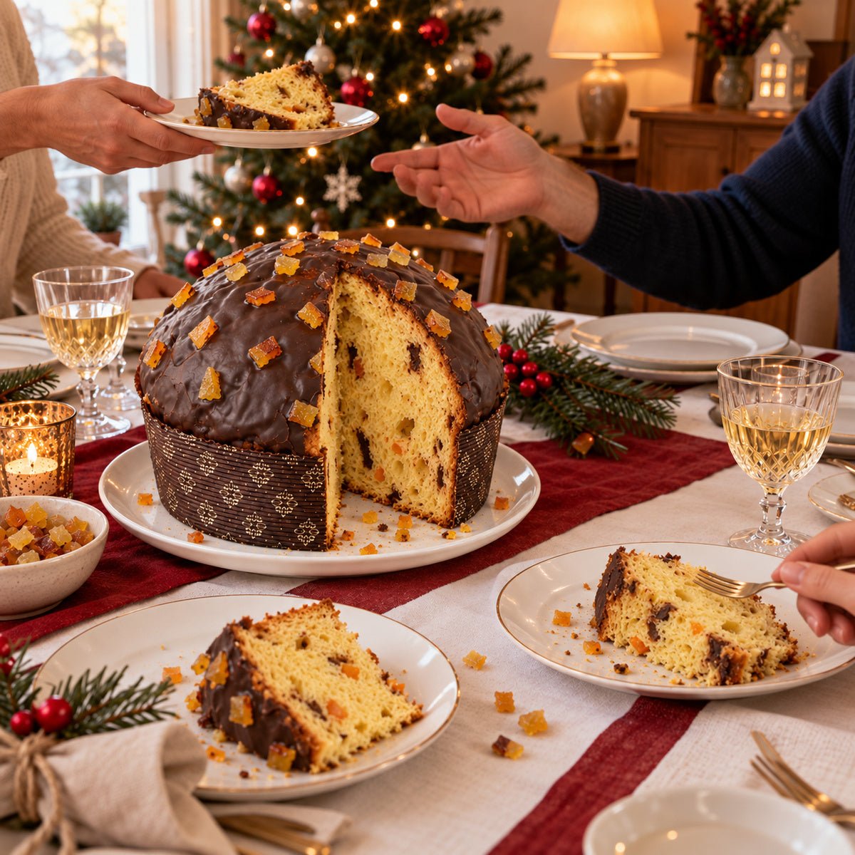 Panettone Arance Candite e Cioccolato Fondente servito su una tavola apparecchiata per Natale.