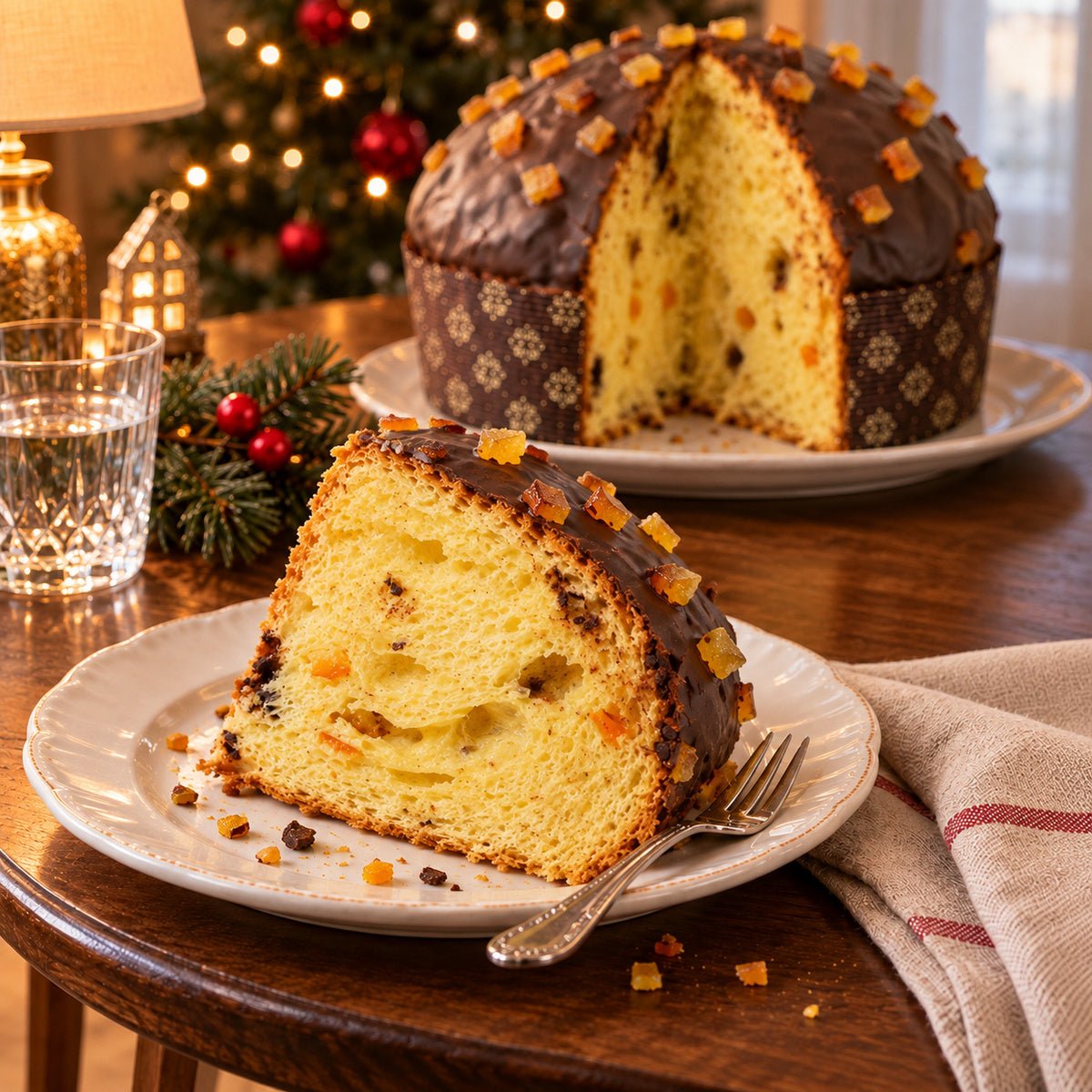 Panettone Arance Candite e Cioccolato Fondente con una fetta in primo piano, accanto al dolce intero.