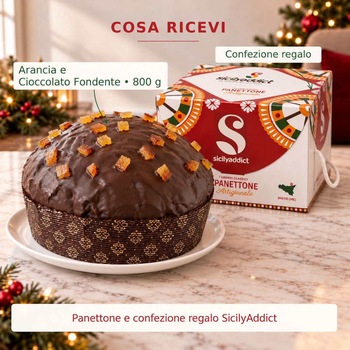 Infografica del contenuto della confezione: panettone arance candite e cioccolato fondente e scatola regalo.