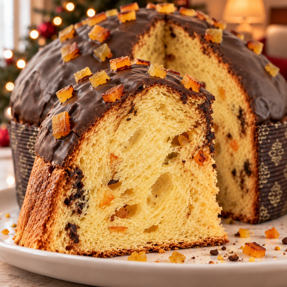 Panettone Arance Candite e Cioccolato Fondente con dettaglio dell’interno e dell’alveolatura.