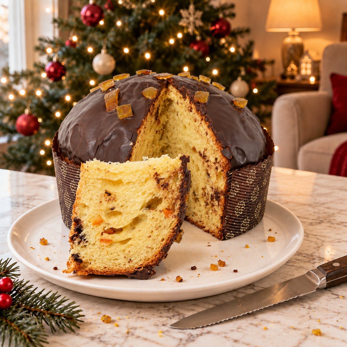 Panettone Arance Candite e Cioccolato Fondente tagliato per mostrare l’interno dell’impasto.