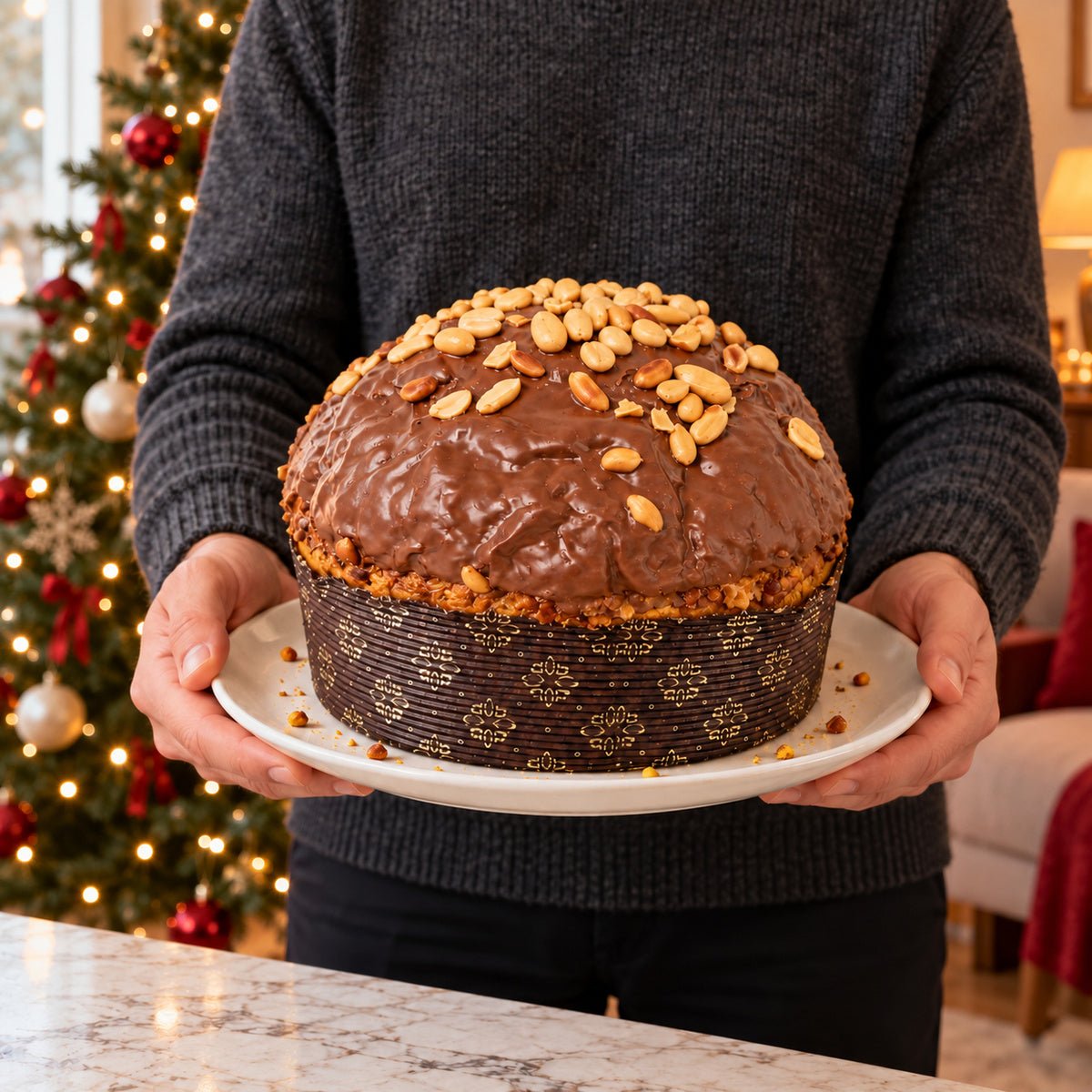 Panettone Caramello, Cioccolato e Arachidi tenuto in mano davanti alla tavola natalizia.