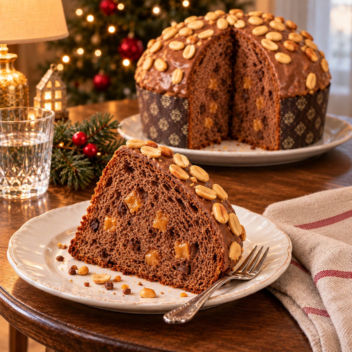 Panettone Caramello, Cioccolato e Arachidi con una fetta in primo piano, accanto al dolce intero.