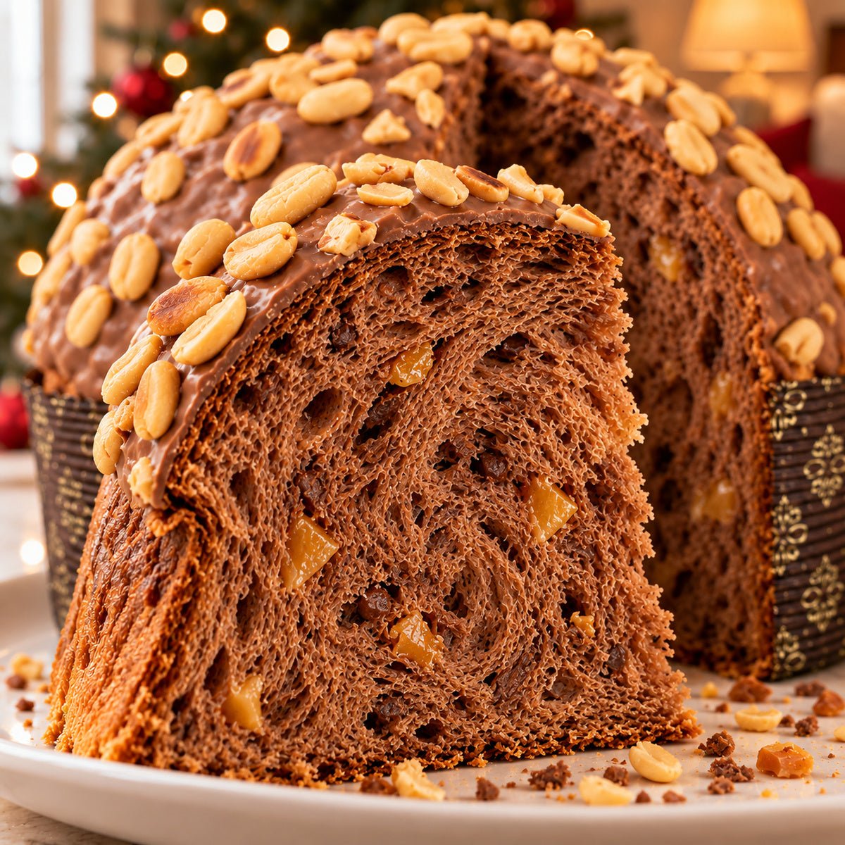 Panettone Caramello, Cioccolato e Arachidi con dettaglio dell’interno e dell’alveolatura.