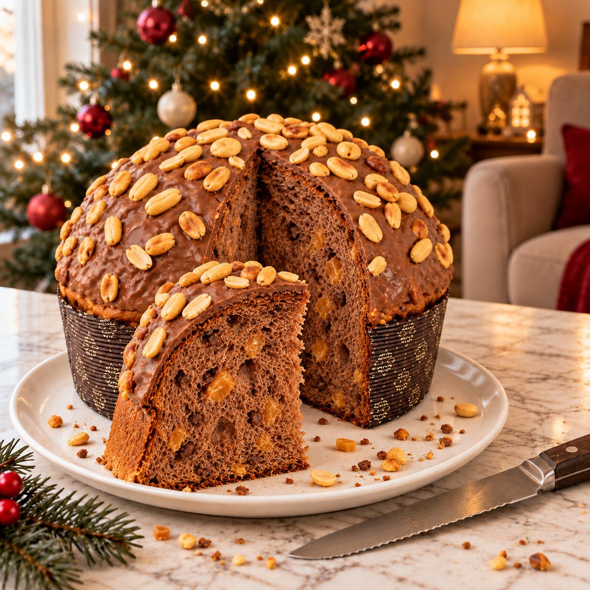 Panettone Caramello, Cioccolato e Arachidi tagliato per mostrare l’interno dell’impasto.