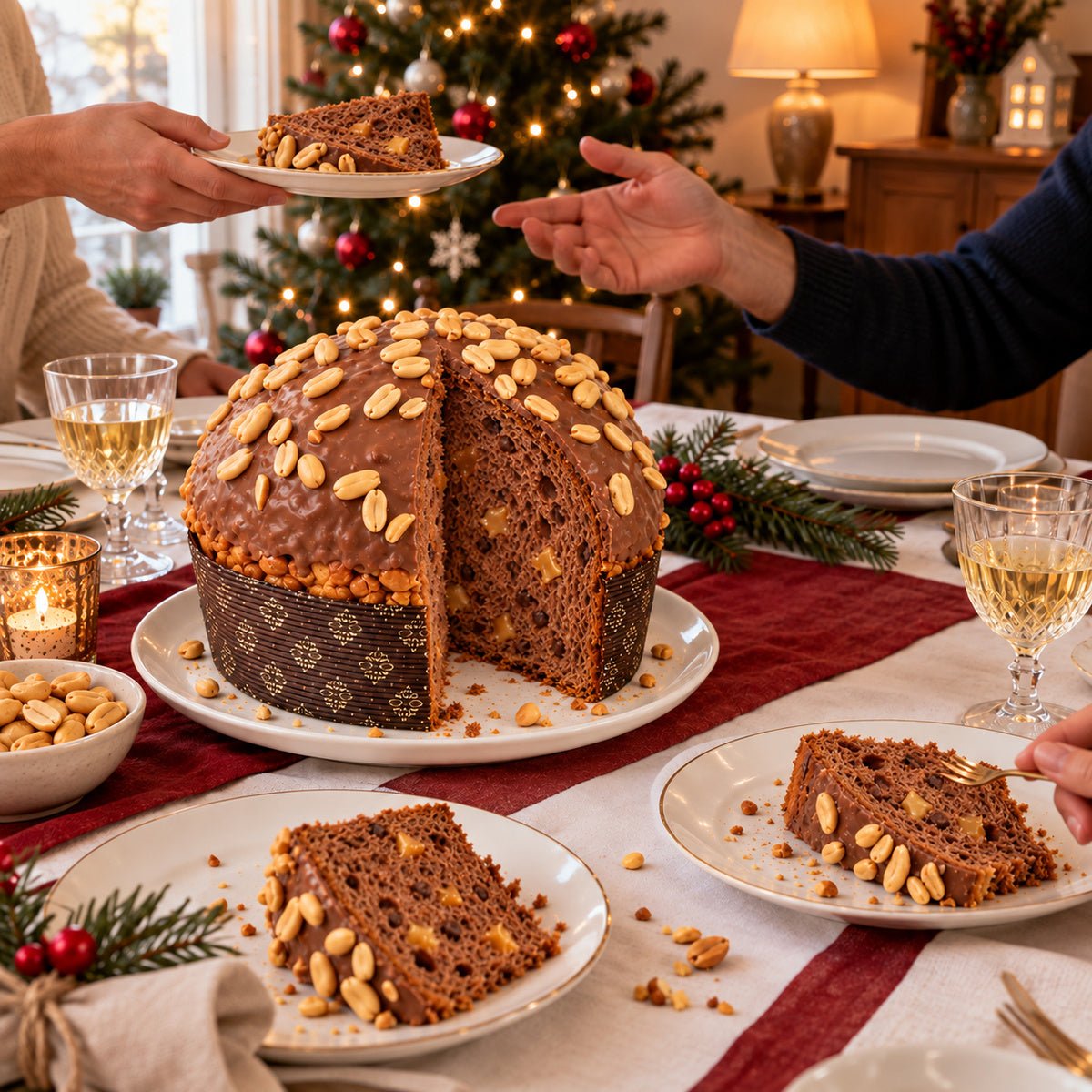 Panettone Caramello, Cioccolato e Arachidi servito su una tavola apparecchiata per Natale.