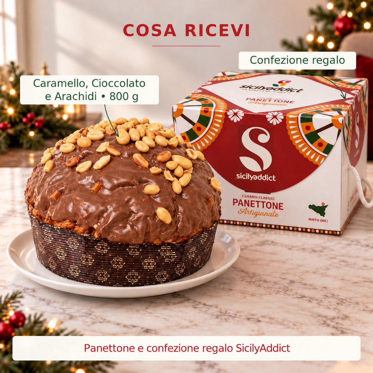 Infografica del contenuto della confezione: panettone caramello, cioccolato e arachidi e scatola regalo.