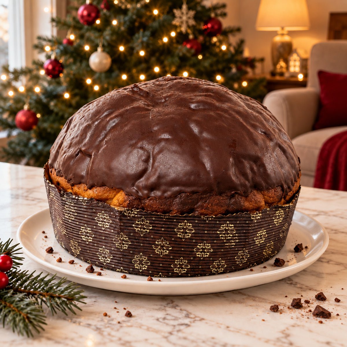 Panettone con gocce di cioccolato fondente intero su un piatto, con decorazioni natalizie sullo sfondo.