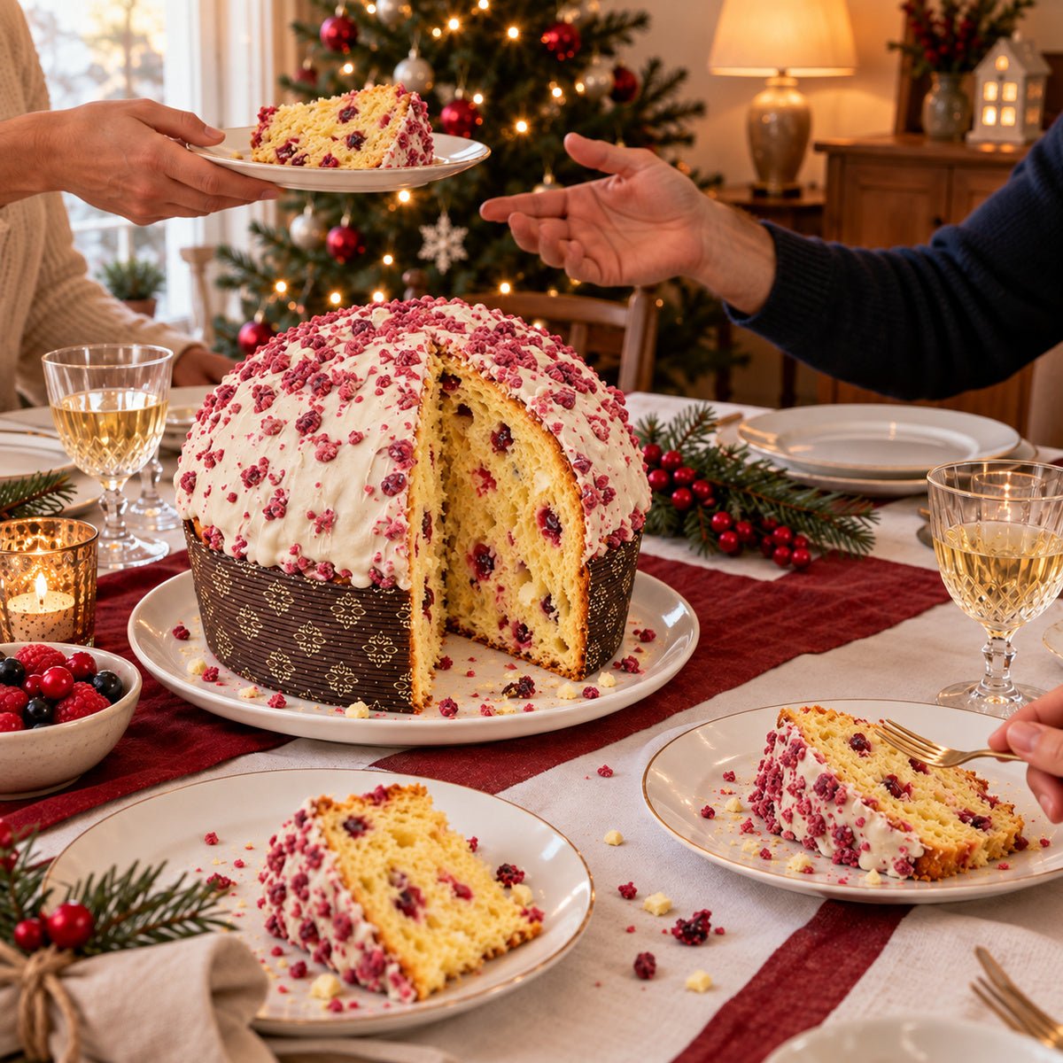 Panettone Frutti di Bosco e Cioccolato Bianco servito su una tavola apparecchiata per Natale.