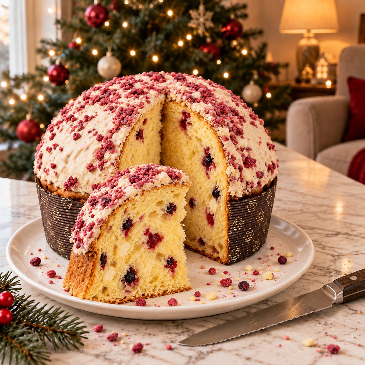 Panettone Frutti di Bosco e Cioccolato Bianco tagliato per mostrare l’interno dell’impasto.