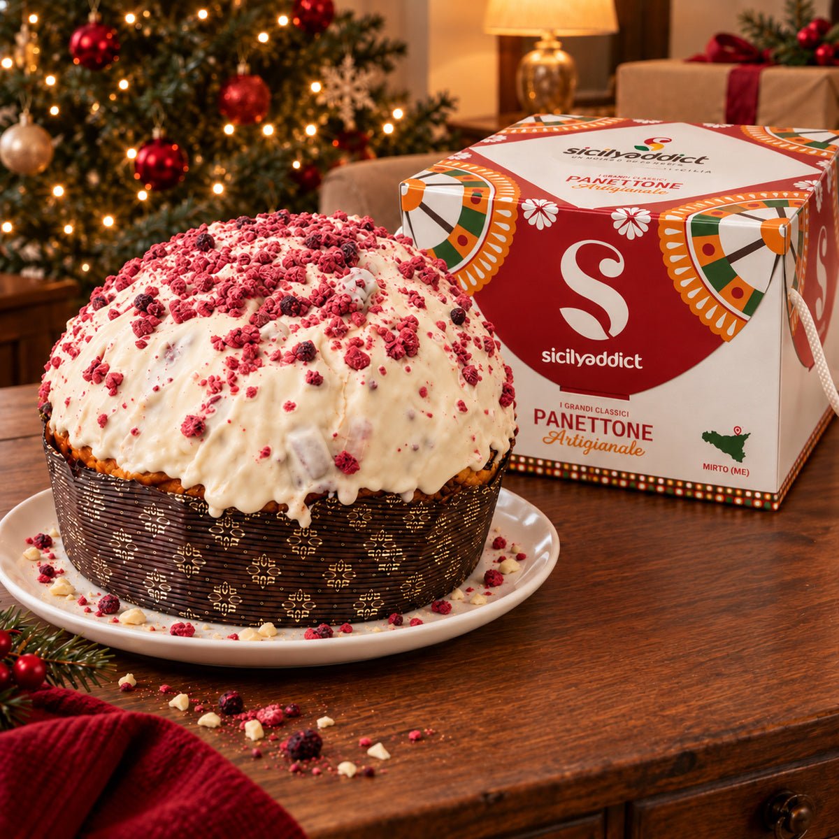 Panettone Frutti di Bosco e Cioccolato Bianco accanto alla confezione regalo.