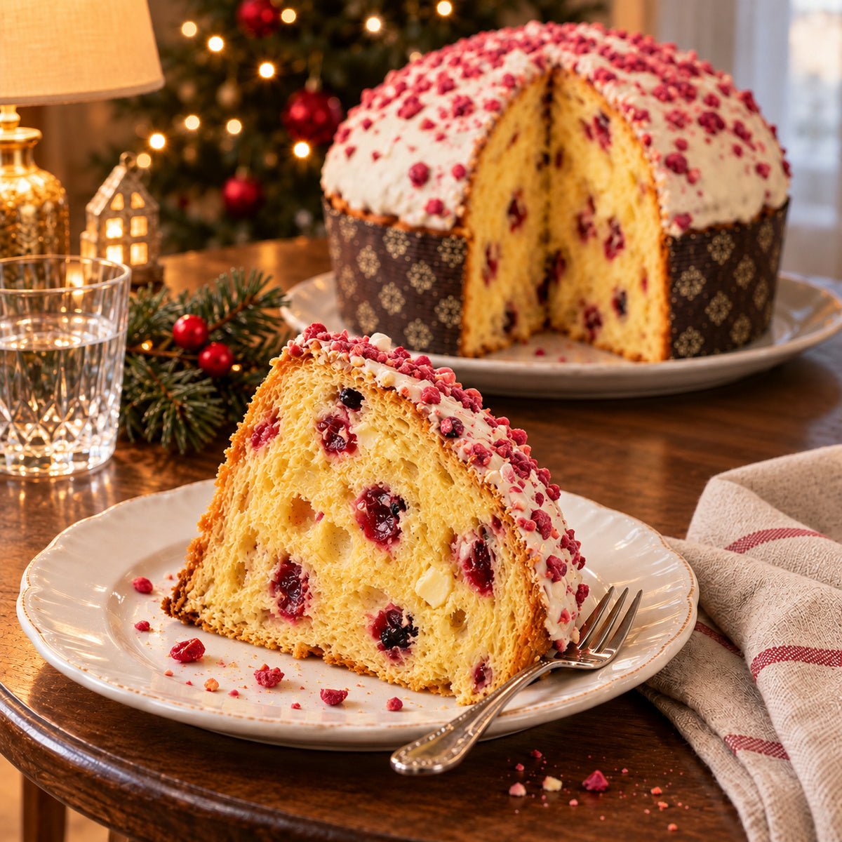 Panettone Frutti di Bosco e Cioccolato Bianco con una fetta in primo piano, accanto al dolce intero.