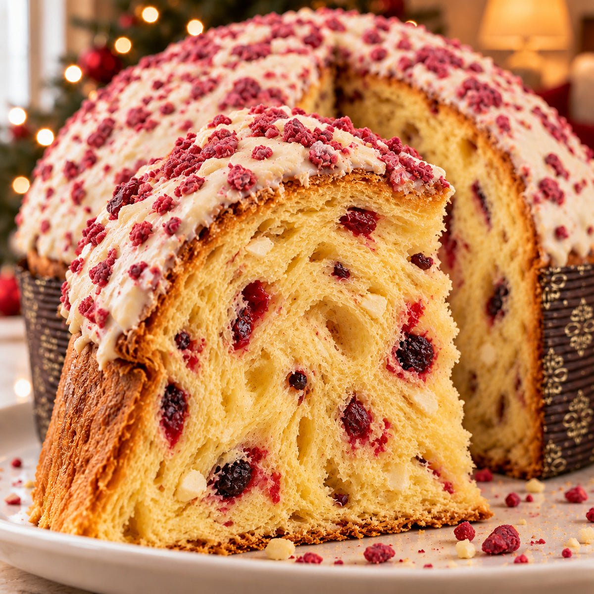 Panettone Frutti di Bosco e Cioccolato Bianco con dettaglio dell’interno e dell’alveolatura.
