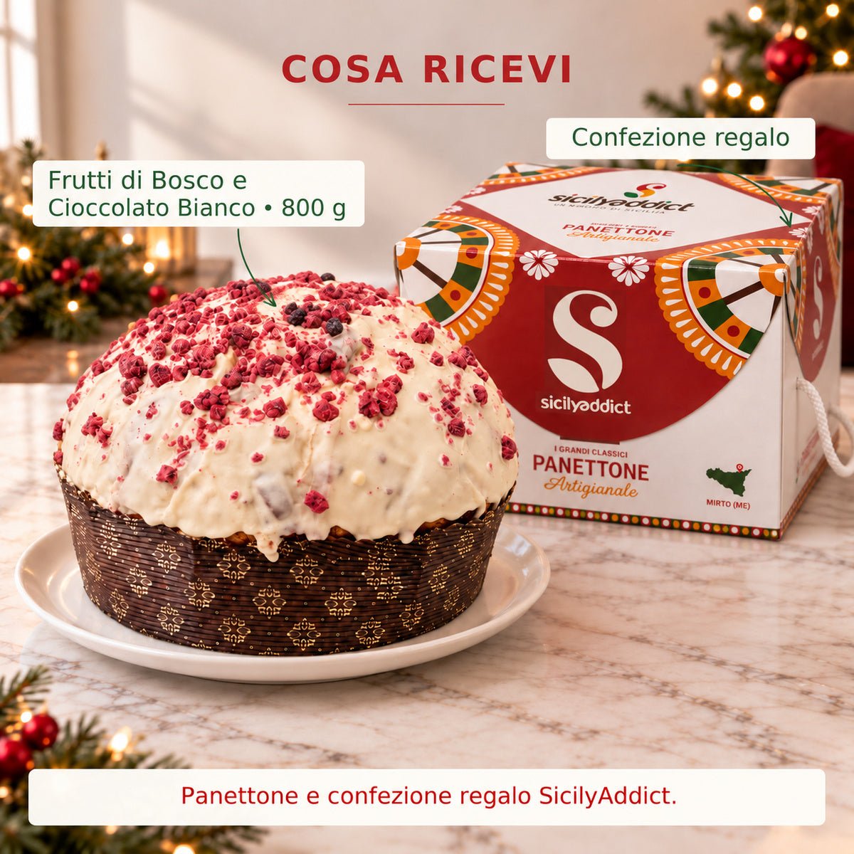 Infografica del contenuto della confezione: panettone frutti di bosco e cioccolato bianco e scatola regalo.