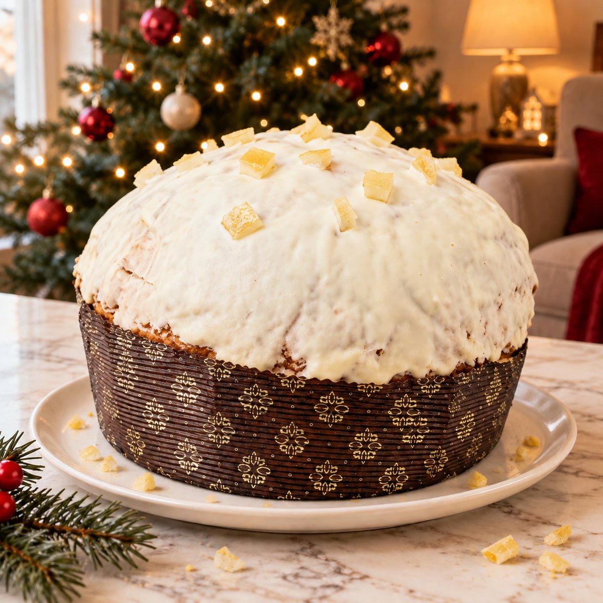 Panettone Limone e Cioccolato Bianco intero su un piatto, con decorazioni natalizie sullo sfondo.