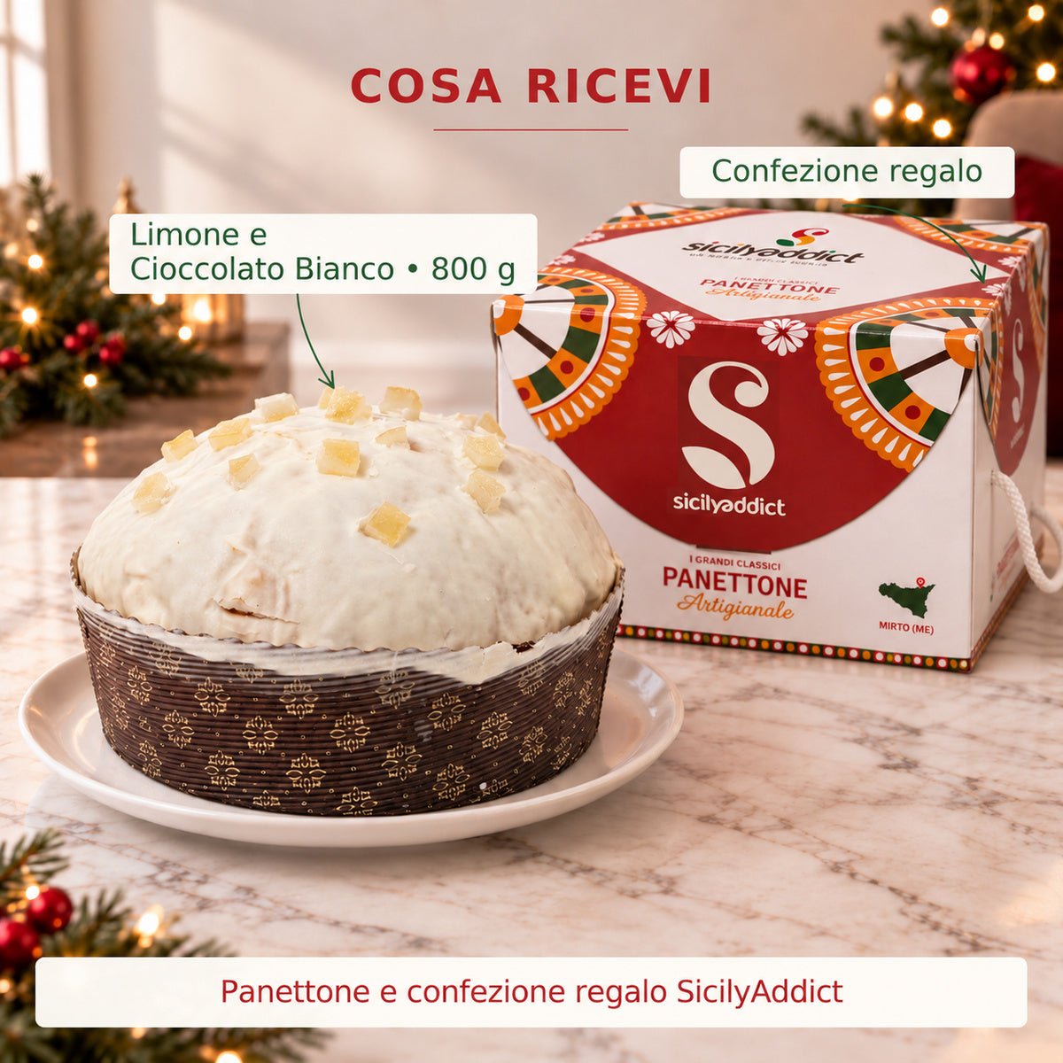 Infografica del contenuto della confezione: panettone limone e cioccolato bianco e scatola regalo.