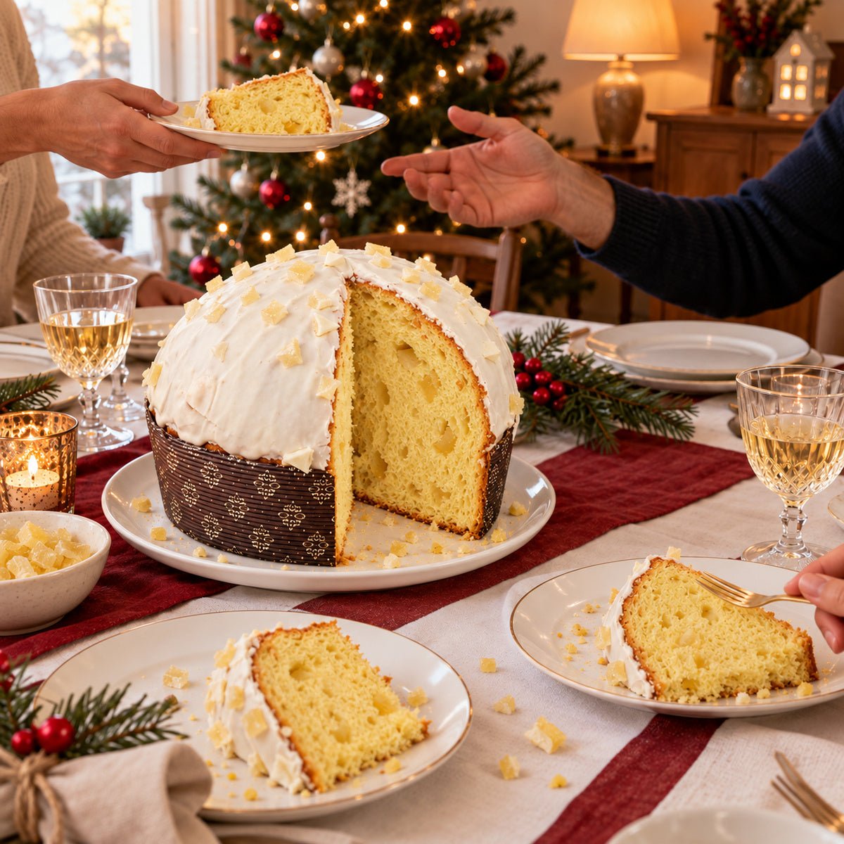 Panettone Limone e Cioccolato Bianco servito su una tavola apparecchiata per Natale.