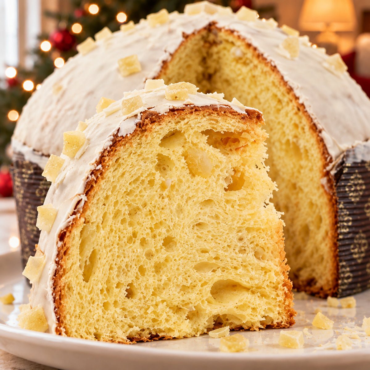 Panettone Limone e Cioccolato Bianco con dettaglio dell’interno e dell’alveolatura.