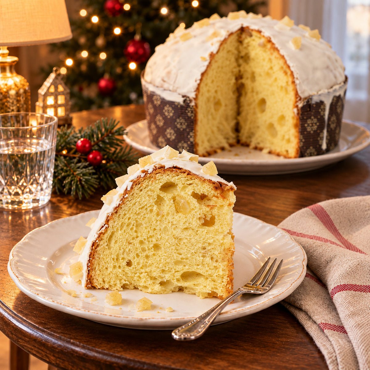 Panettone Limone e Cioccolato Bianco con una fetta in primo piano, accanto al dolce intero.