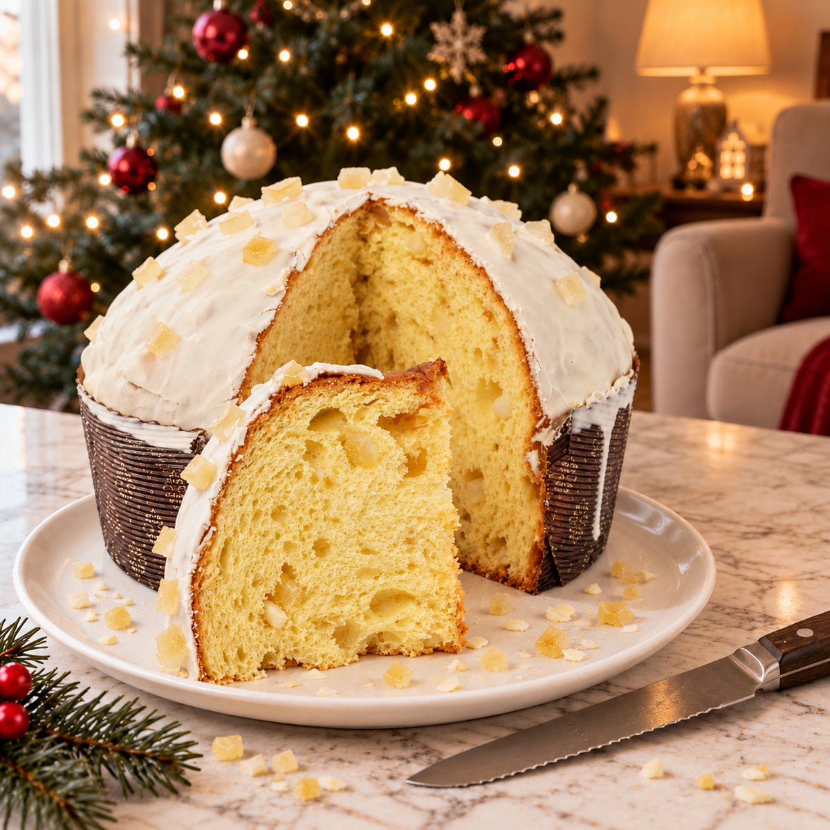 Panettone Limone e Cioccolato Bianco tagliato per mostrare l’interno dell’impasto.