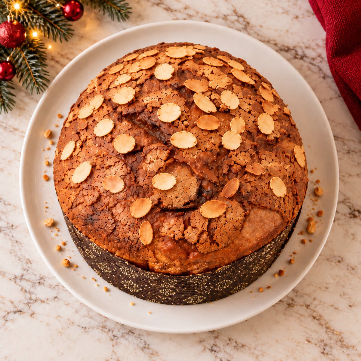 Panettone Pandorato visto dall’alto, con la copertura in primo piano.