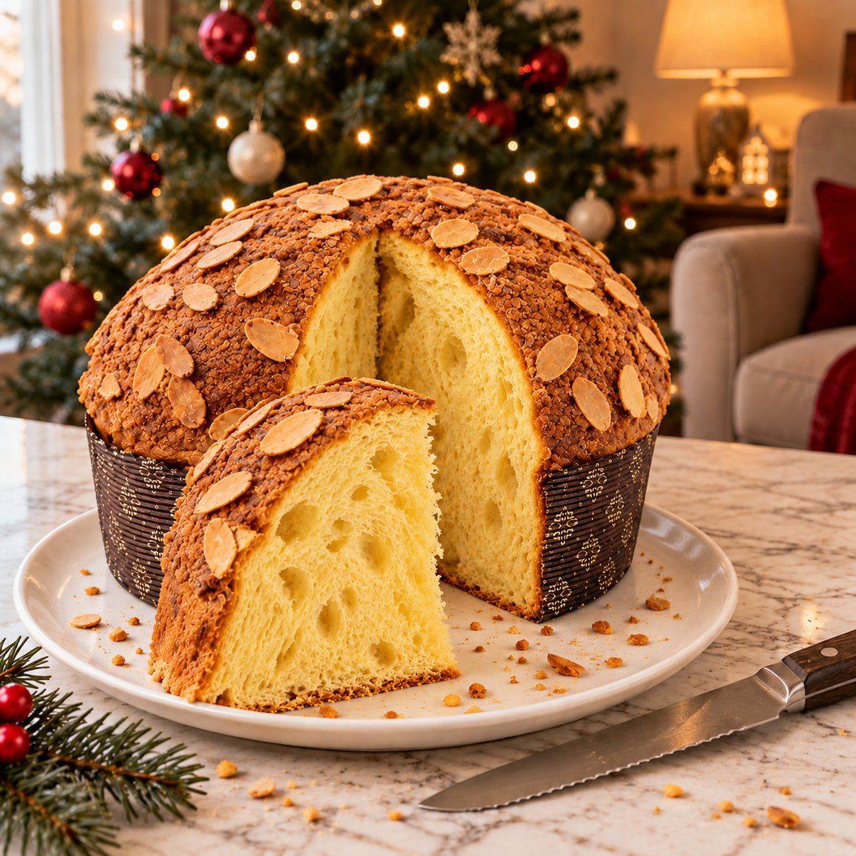 Panettone Pandorato tagliato per mostrare l’interno dell’impasto.