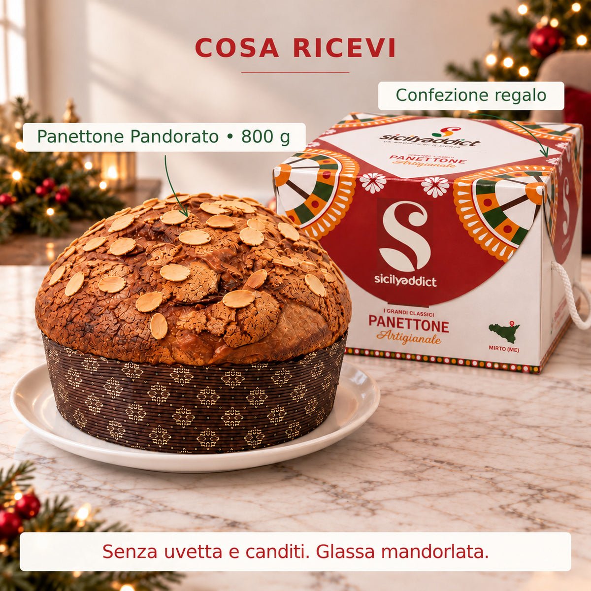 Infografica del contenuto della confezione: panettone pandorato e scatola regalo.