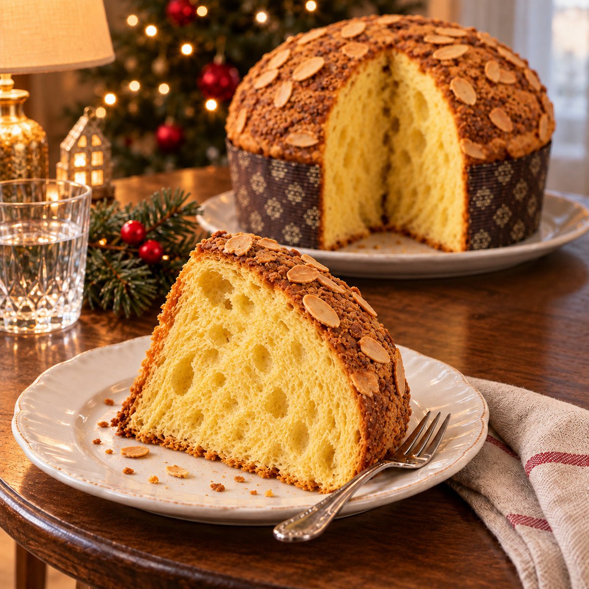 Panettone Pandorato con una fetta in primo piano, accanto al dolce intero.