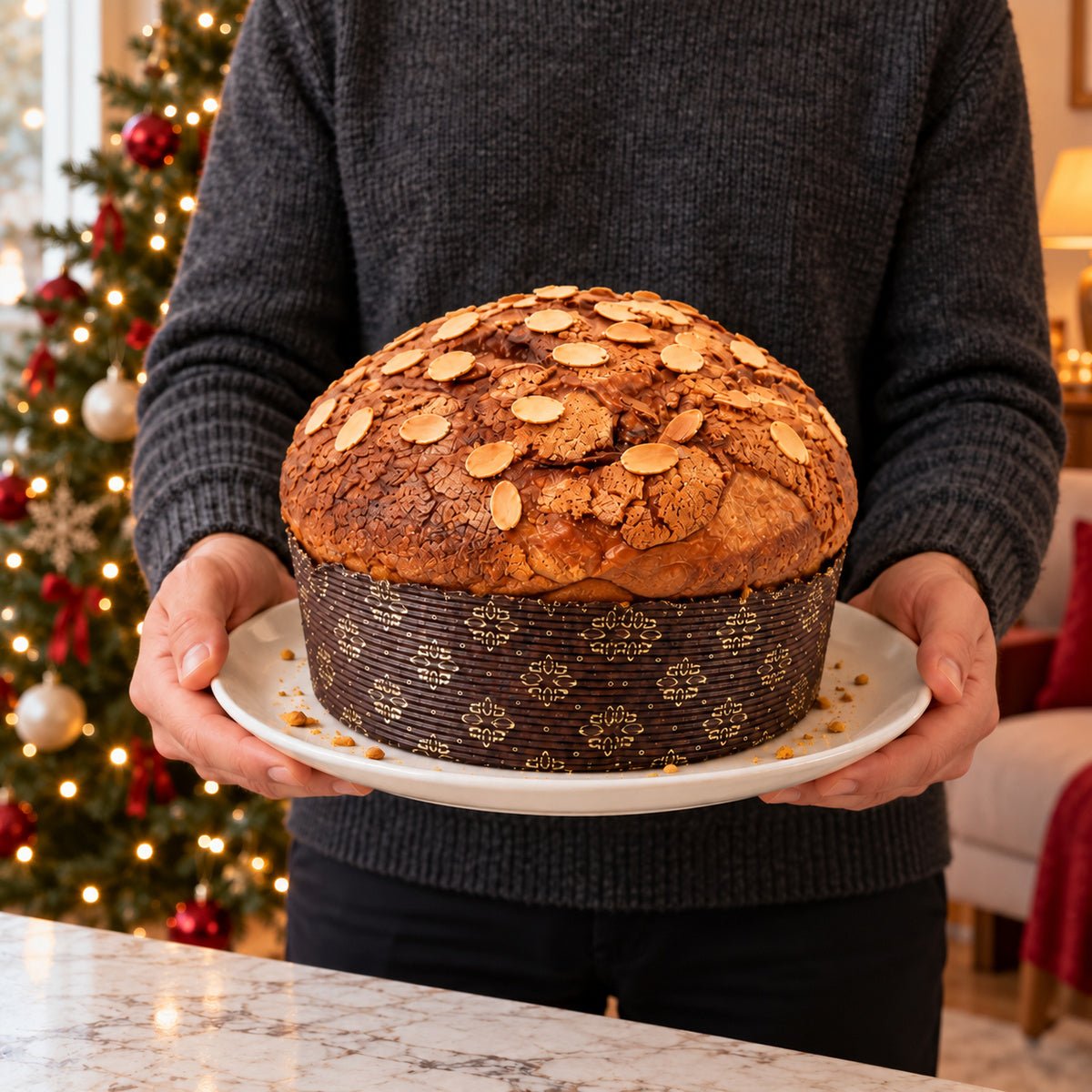 Panettone Pandorato tenuto in mano davanti alla tavola natalizia.