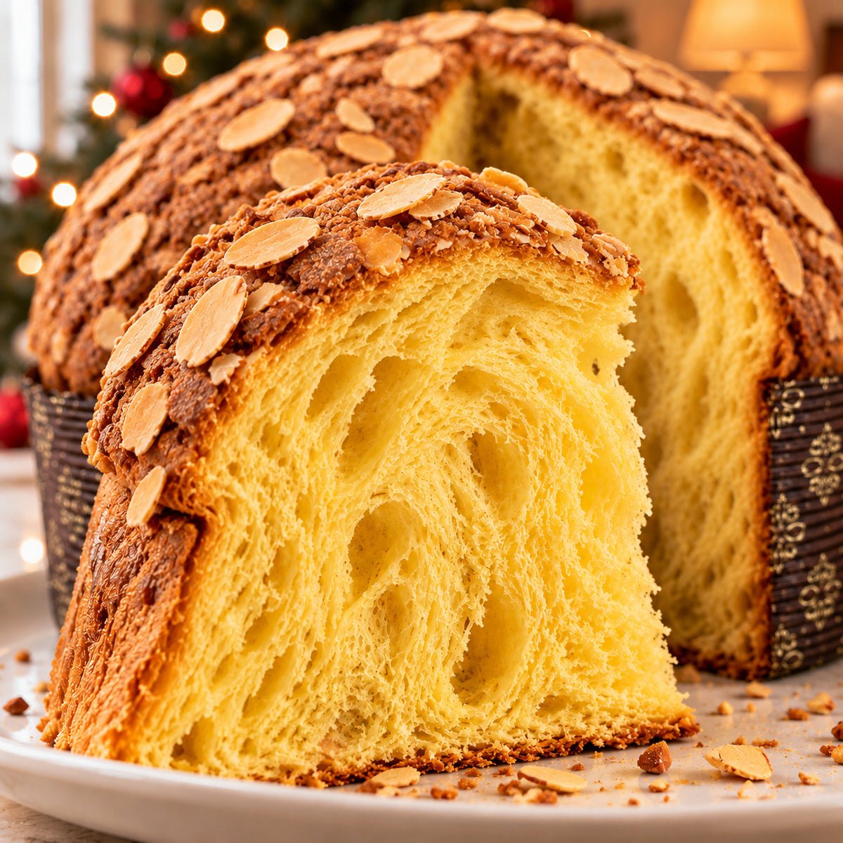 Panettone Pandorato con dettaglio dell’interno e dell’alveolatura.