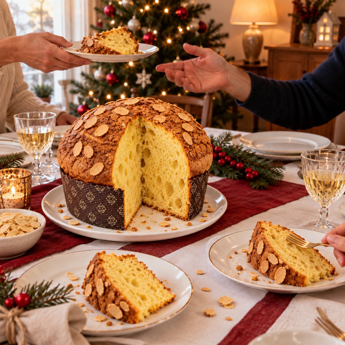 Panettone Pandorato servito su una tavola apparecchiata per Natale.