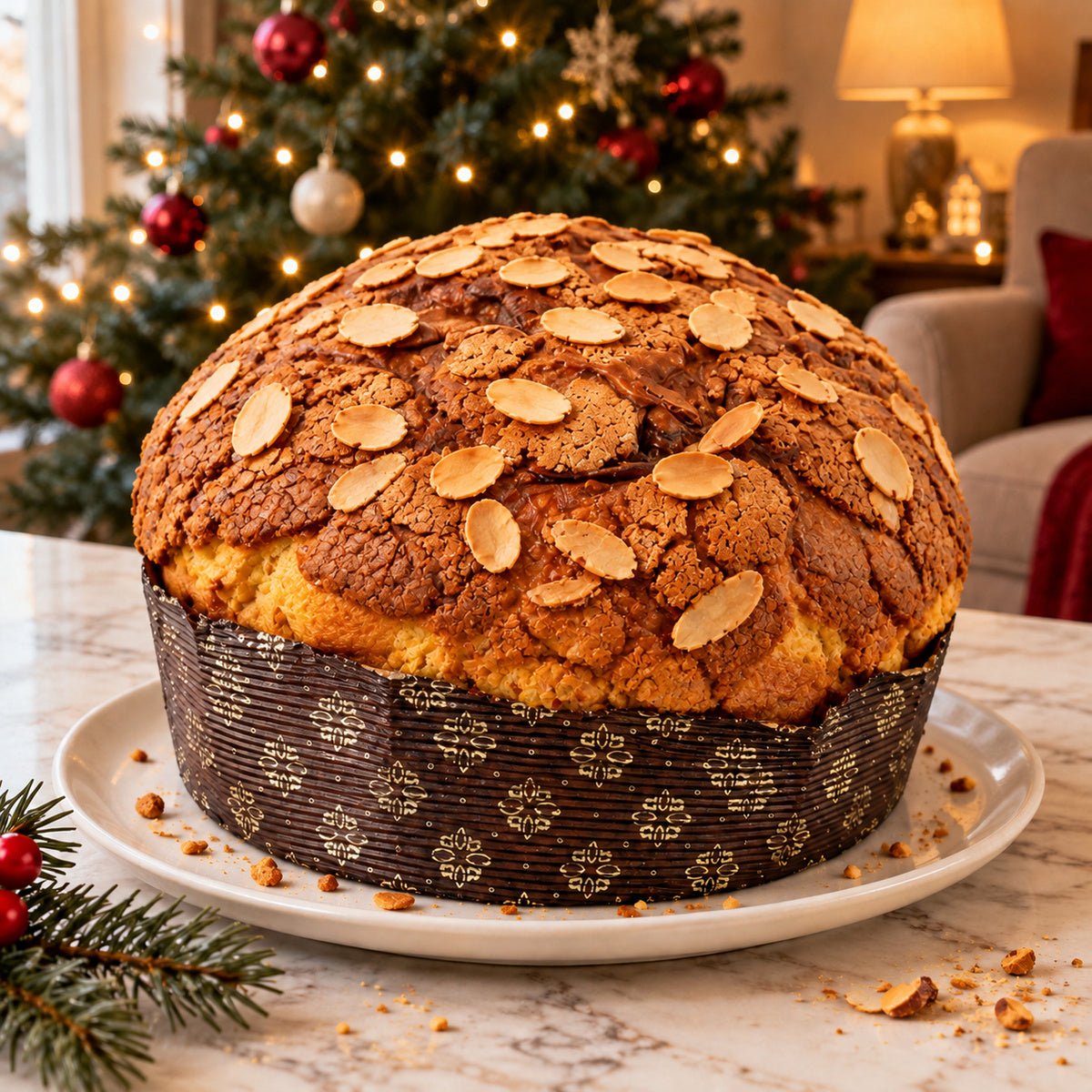 Panettone Pandorato intero su un piatto, con decorazioni natalizie sullo sfondo.