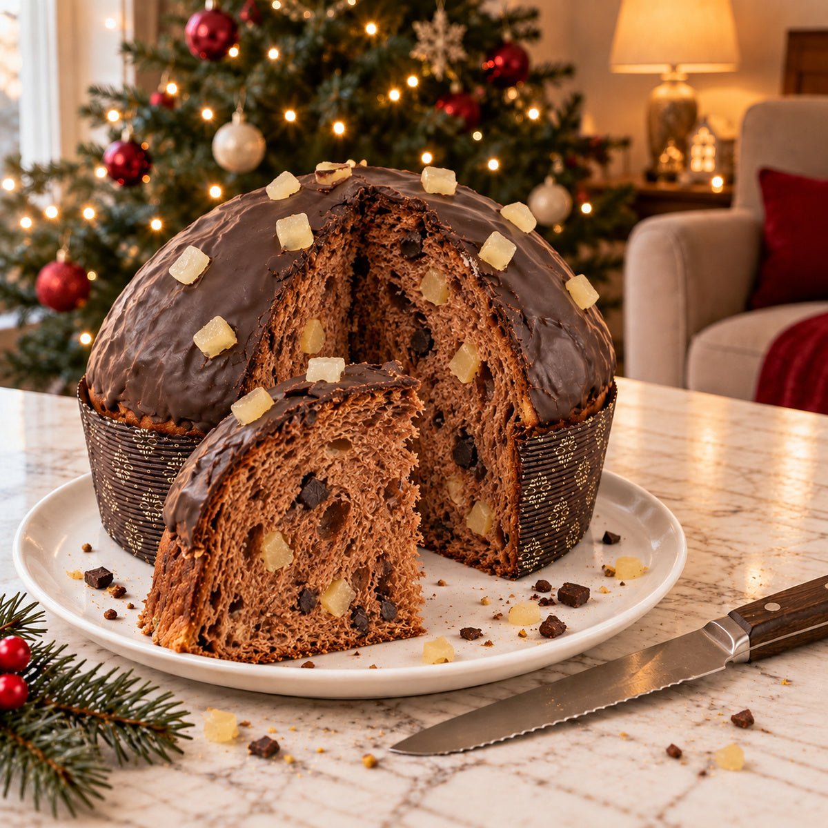 Panettone Pera e Cioccolato tagliato per mostrare l’interno dell’impasto.