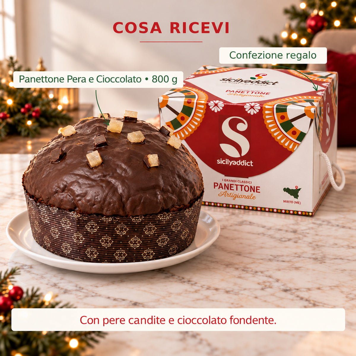 Infografica del contenuto della confezione: panettone pera e cioccolato e scatola regalo.