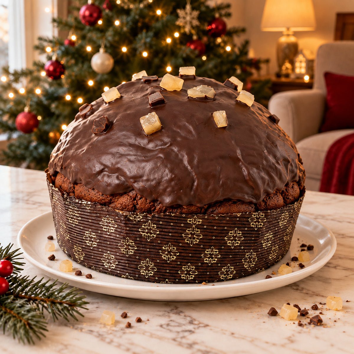 Panettone Pera e Cioccolato intero su un piatto, con decorazioni natalizie sullo sfondo.