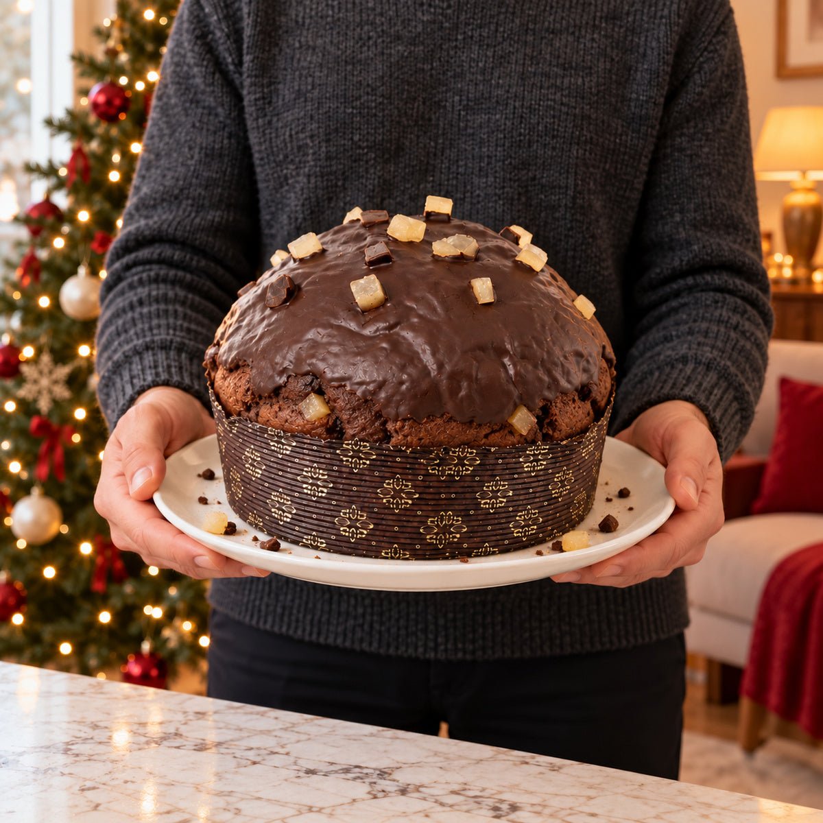Panettone Pera e Cioccolato tenuto in mano davanti alla tavola natalizia.