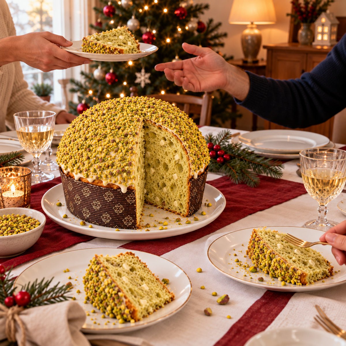 Panettone Pistacchio e Gocce di Cioccolato Bianco servito su una tavola apparecchiata per Natale.