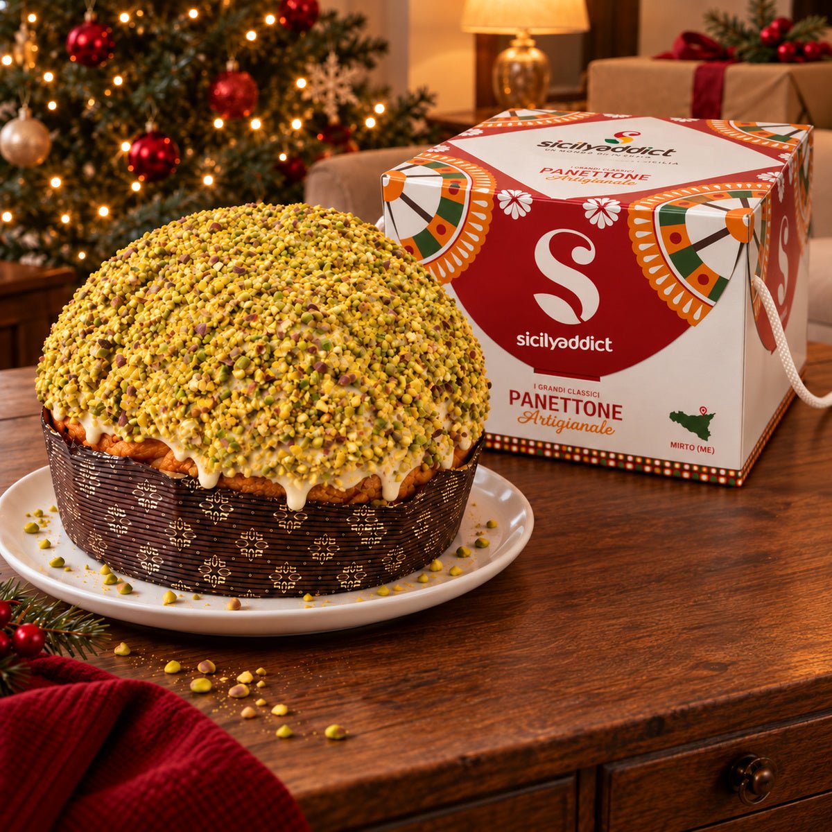 Panettone Pistacchio e Gocce di Cioccolato Bianco accanto alla confezione regalo.
