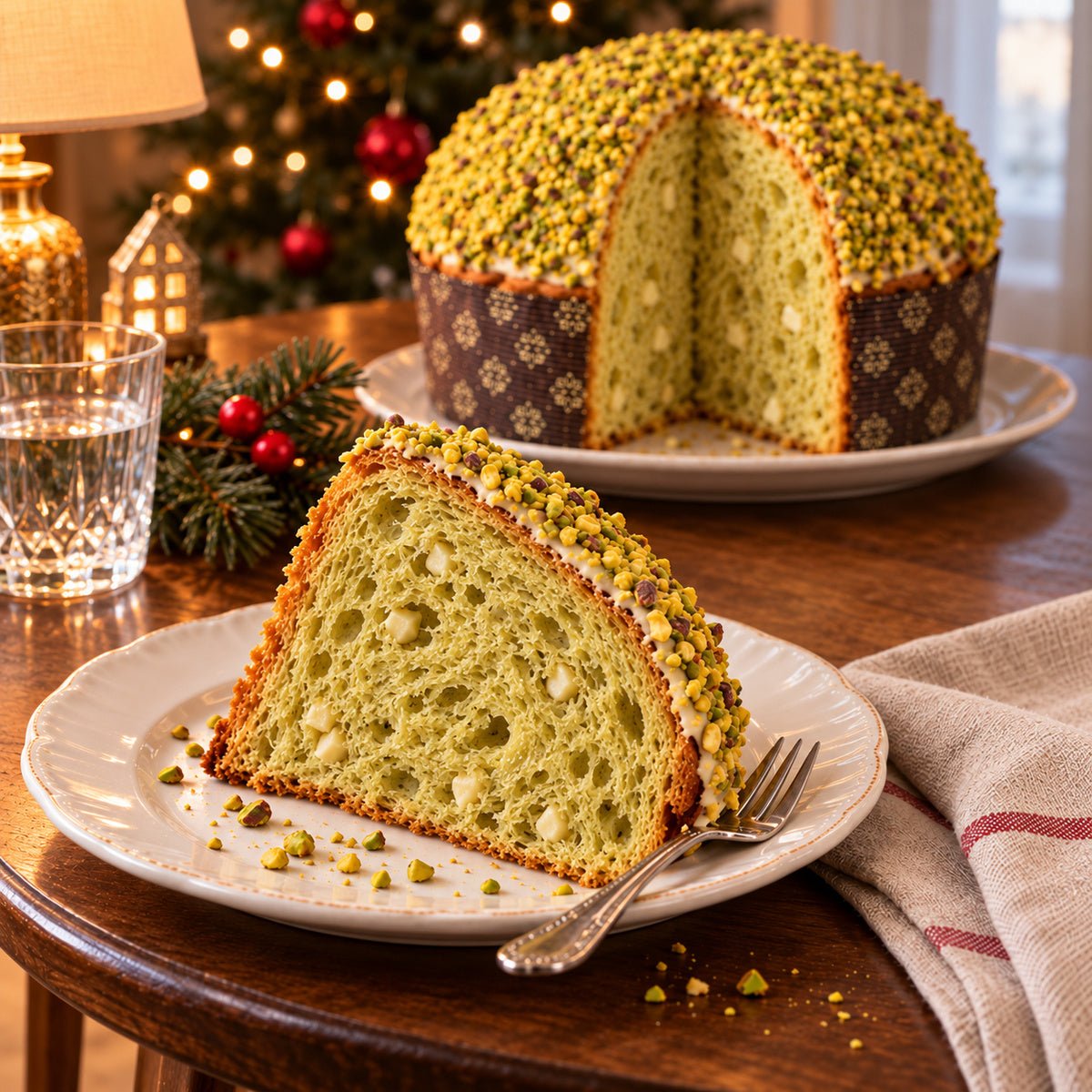 Panettone Pistacchio e Gocce di Cioccolato Bianco con una fetta in primo piano, accanto al dolce intero.