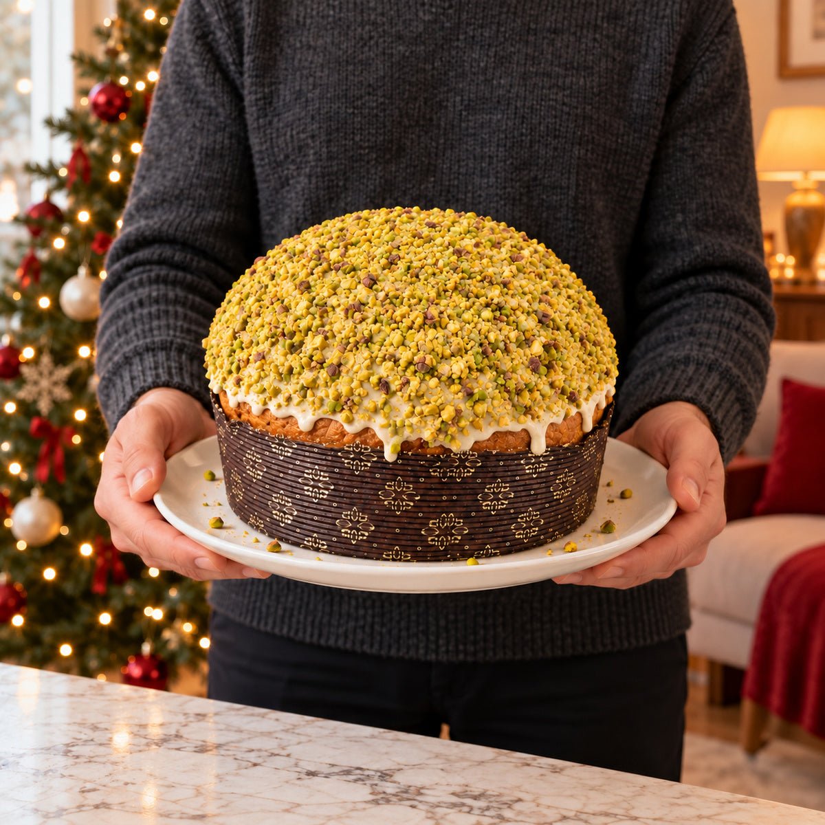 Panettone Pistacchio e Gocce di Cioccolato Bianco tenuto in mano davanti alla tavola natalizia.