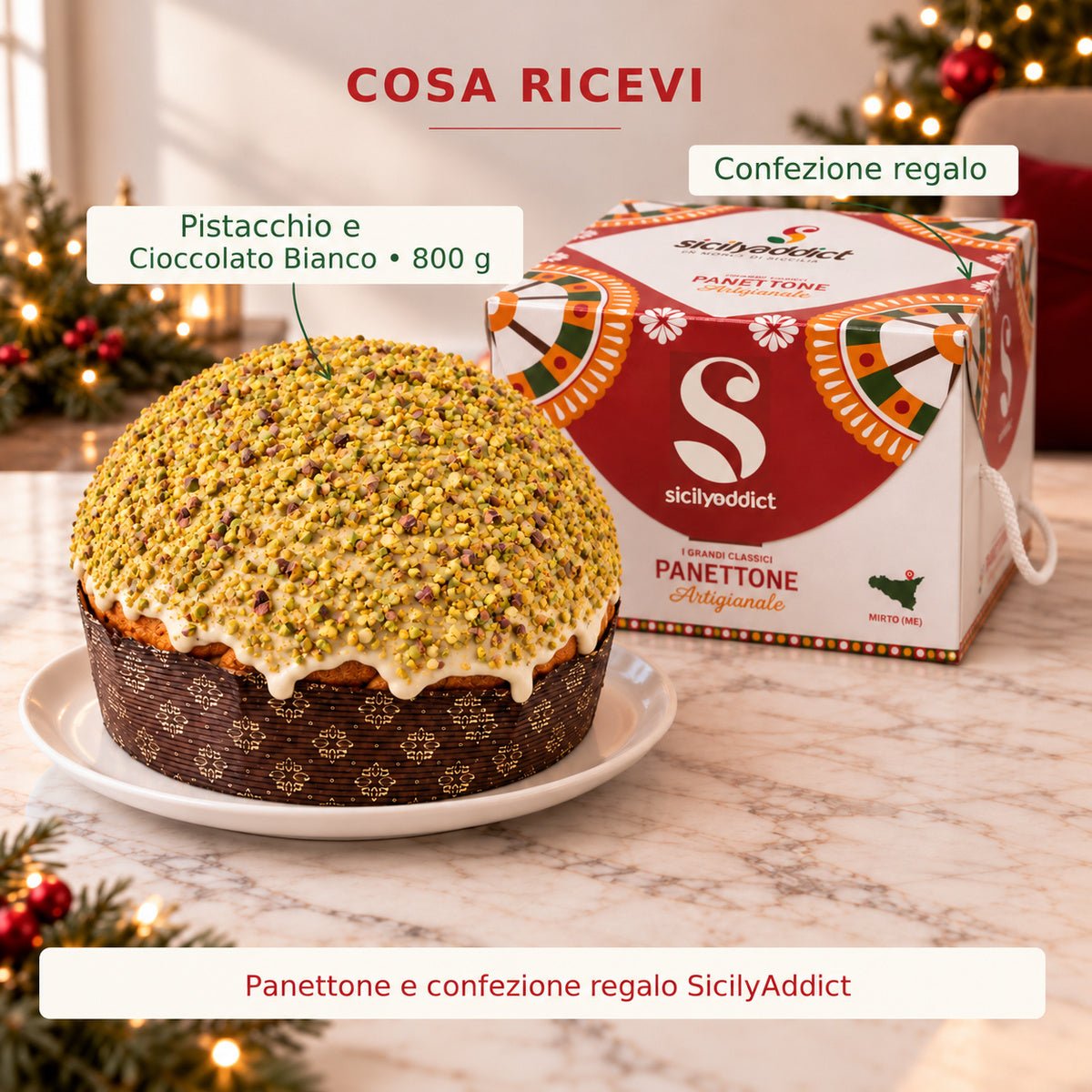 Infografica del contenuto della confezione: panettone pistacchio e gocce di cioccolato bianco e scatola regalo.