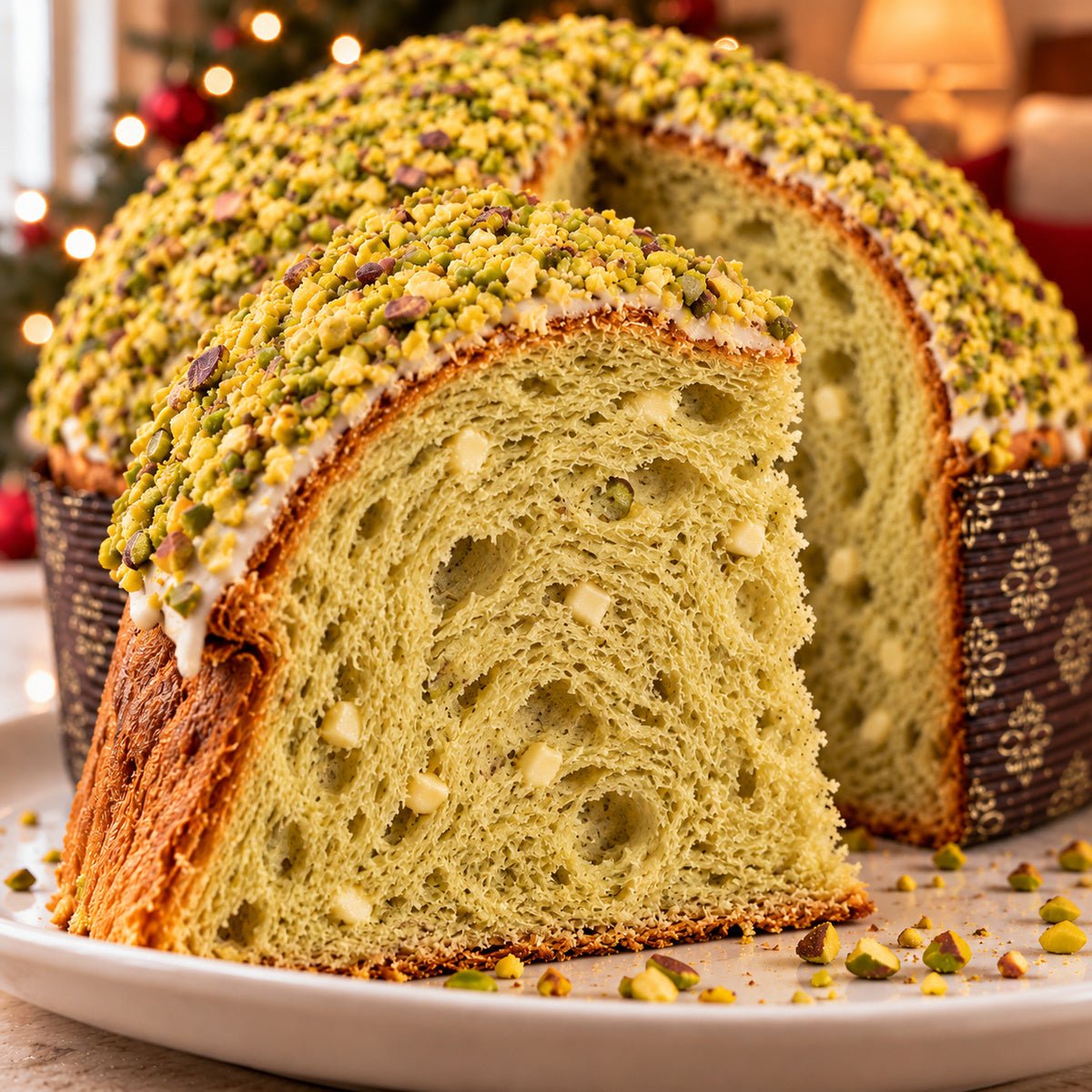 Panettone Pistacchio e Gocce di Cioccolato Bianco con dettaglio dell’interno e dell’alveolatura.