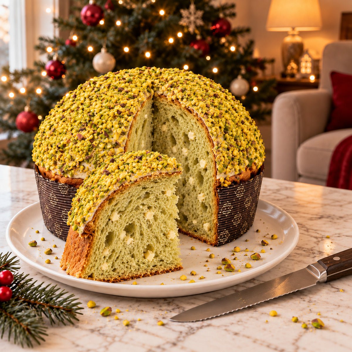 Panettone Pistacchio e Gocce di Cioccolato Bianco tagliato per mostrare l’interno dell’impasto.