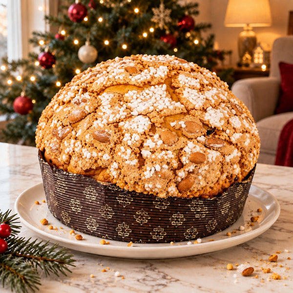 Panettone tradizionale intero su un piatto, con decorazioni natalizie sullo sfondo.