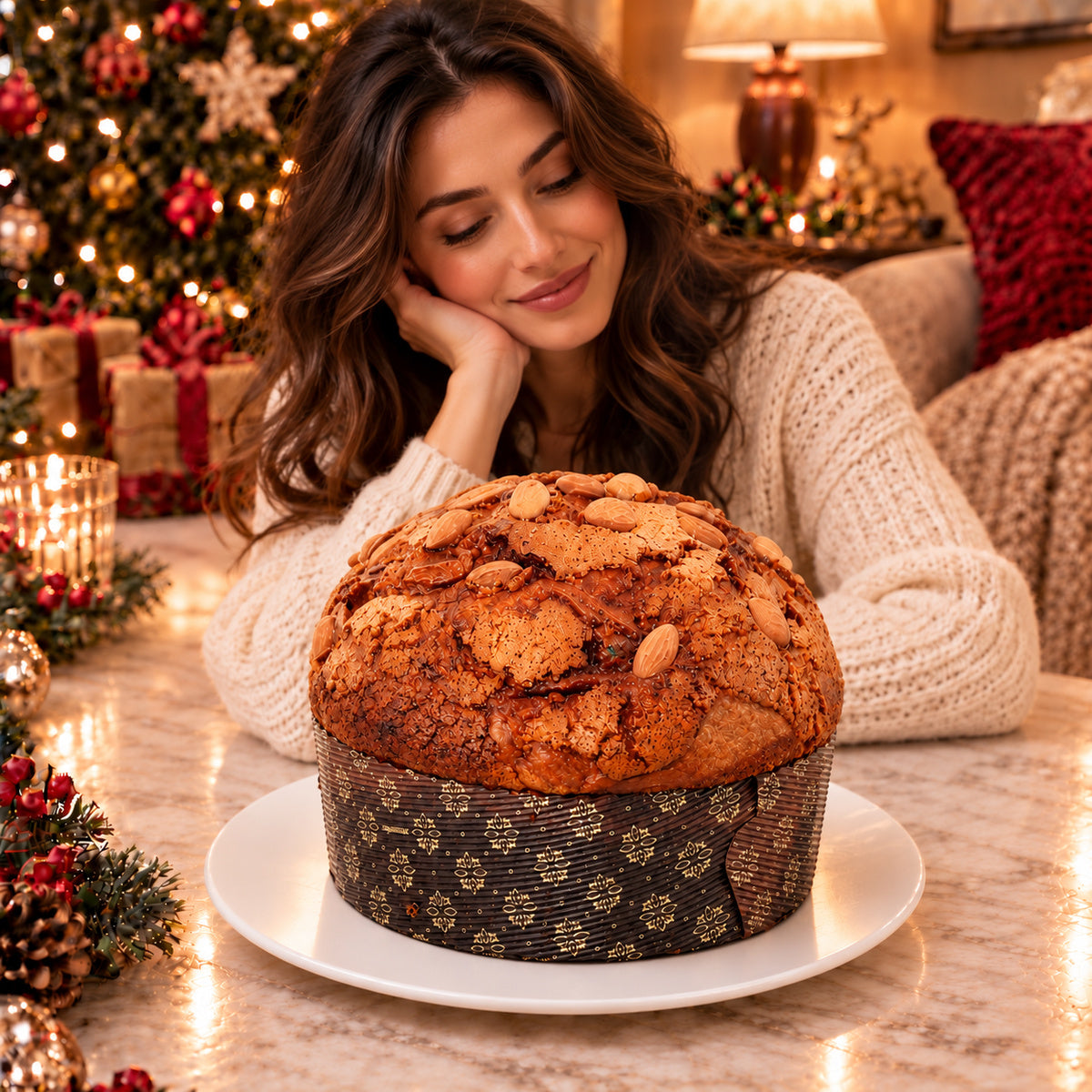 Panettone artigianale Mele e Cannella con glassa mandorlata su un piatto, davanti a una donna in un ambiente natalizio