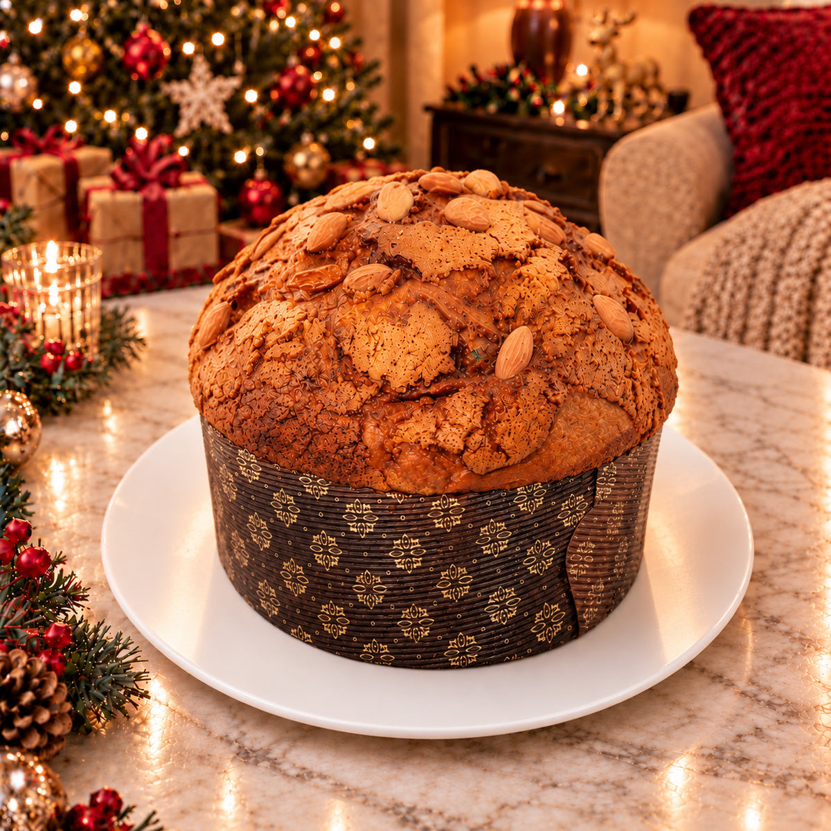 Panettone artigianale Mele e Cannella visto dall'alto, con glassa mandorlata e mandorle in superficie