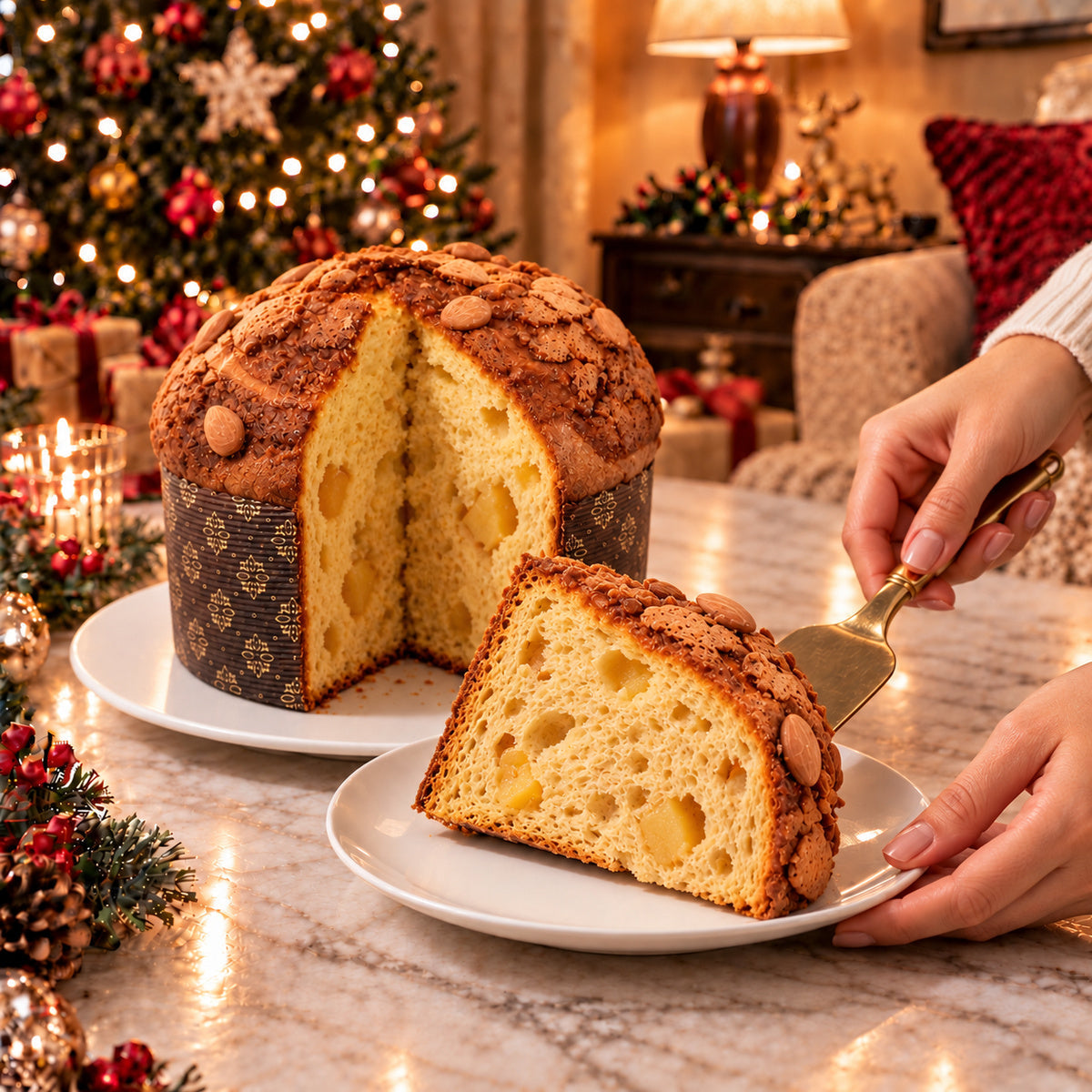 Fetta di panettone Mele e Cannella servita su un piatto, con glassa mandorlata e interno visibile