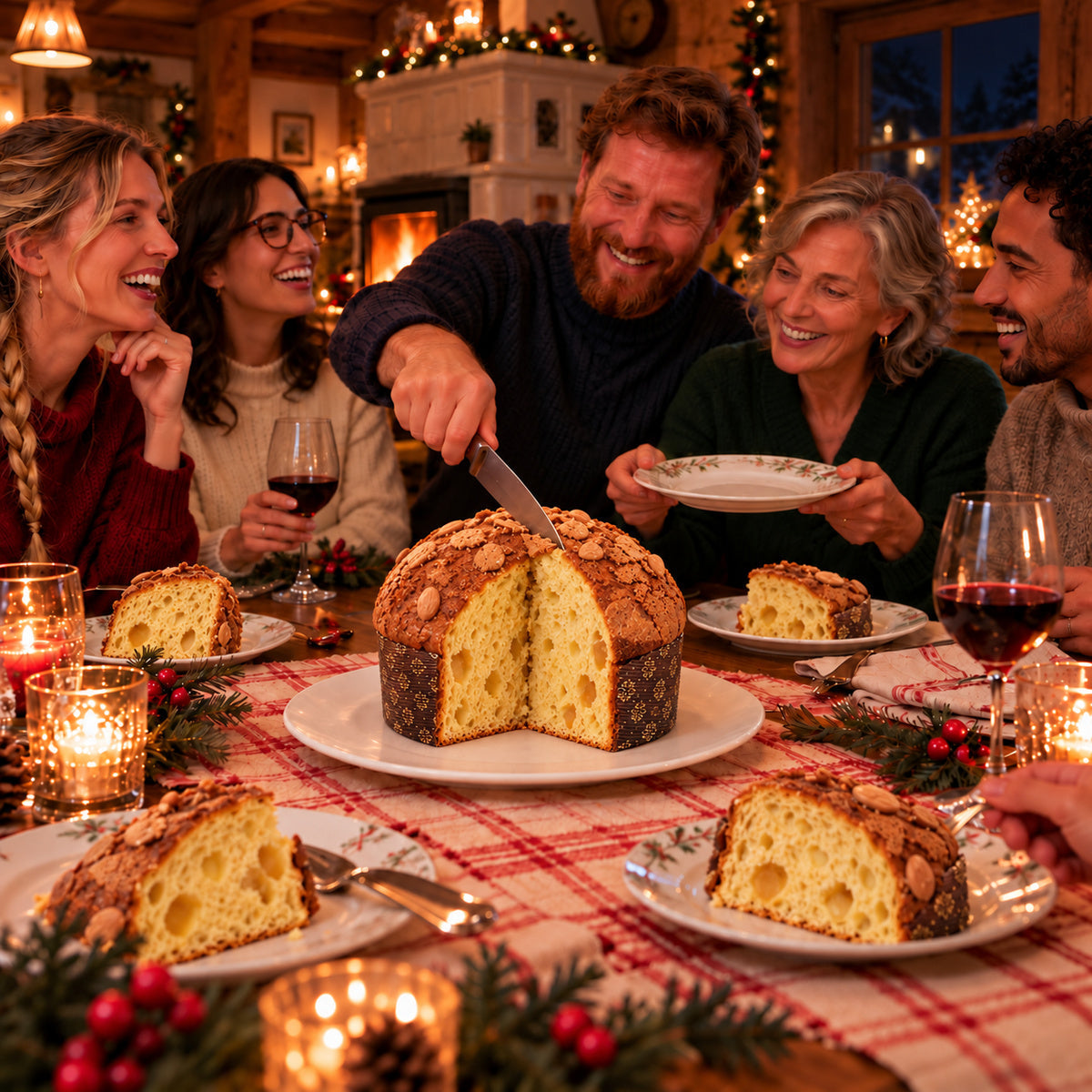 Panettone Mele e Cannella con glassa mandorlata e fette condivise a una tavola natalizia