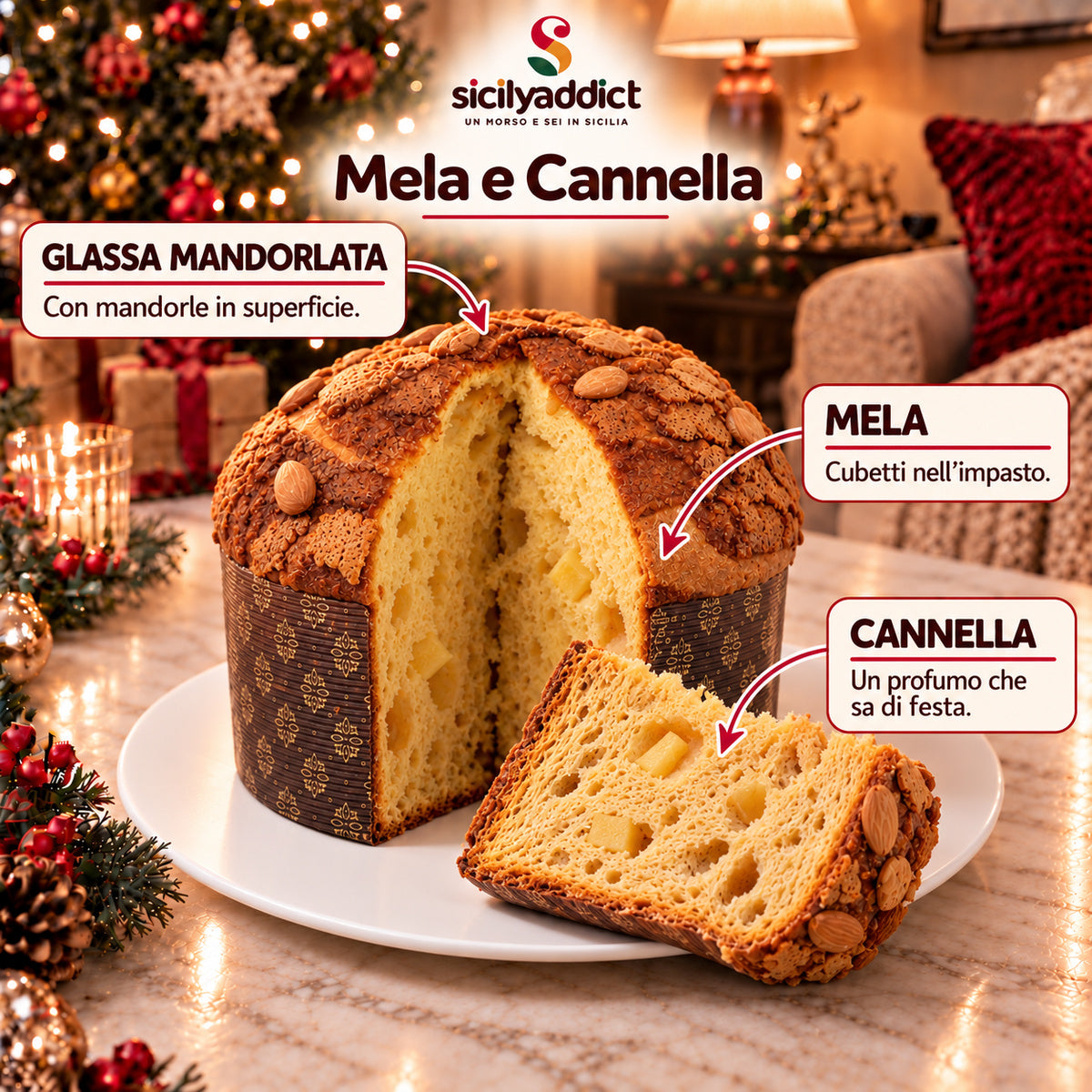 Panettone Mele e Cannella: infografica su glassa mandorlata, mela nell'impasto e profumo di cannella